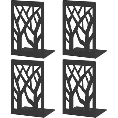 Bookends 4 Pieces, Modern Metal Bookends for Shelves, Black Tree Book Ends for B