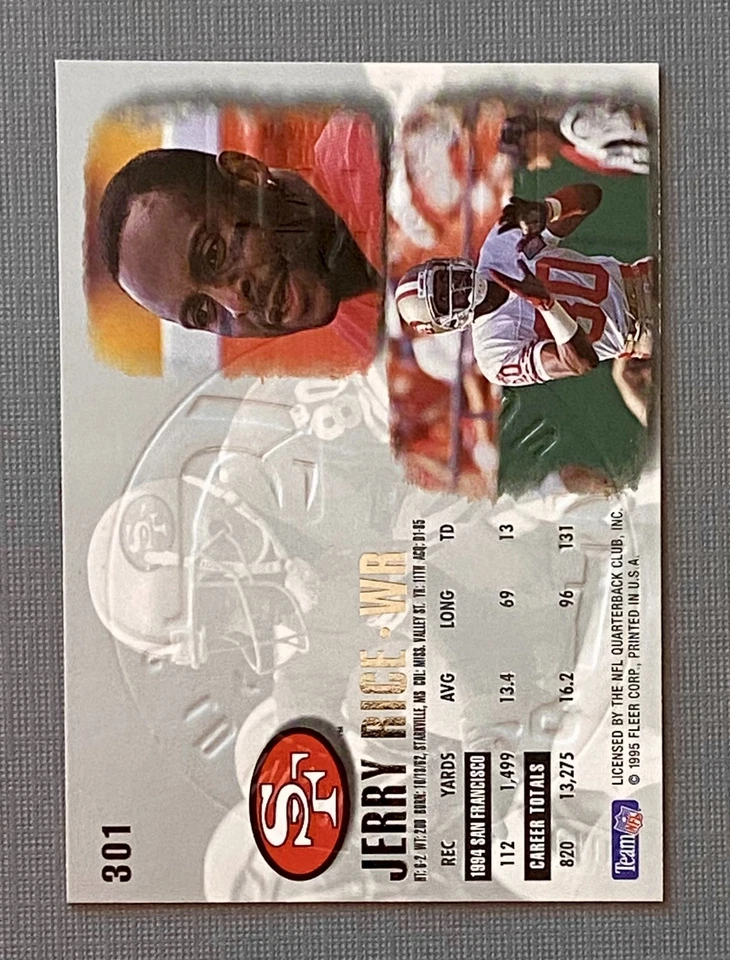1995 Fleer Ultra - Jerry Rice #301 Gold Medallion Foil HOF All time GREAT Mint. - Image 2 of 2