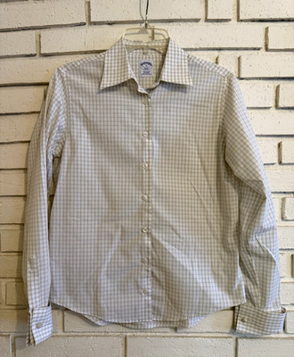 Brooks Brothers Womens 6 Semi-Fitted Non-Iron Tan Check Dress Shirt French Cuffs