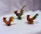 3-Hand Blown Murano Style Art Glass Rooster Figurines – Multicolor Vintage Decor