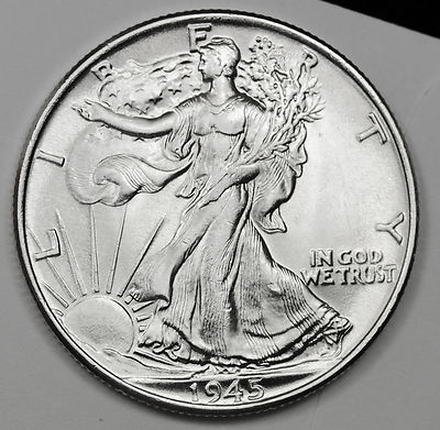 1945-p Walking Liberty Half. Full Head, necklace, hand.  Gem BU.  (Inventory A)