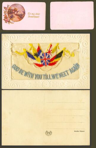 Tarjeta postal antigua bordada de seda de la Primera Guerra Mundial Dios esté contigo hasta que nos encontremos de nuevo - Imagen 1 de 1