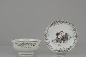 Pair Antique 18C Chinese Porcelain Encre de Chine Qianlong Putti / Cupid Bowl...