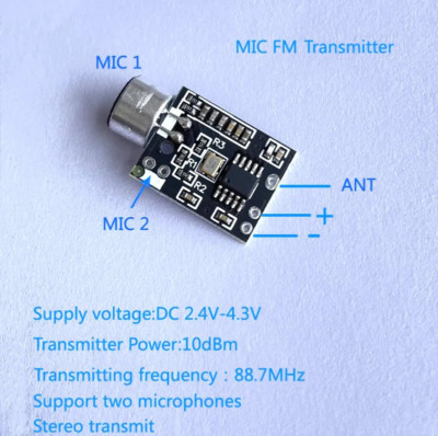 Wireless Microphone MIC FM Transmitter Module Dual Channel Stereo 10dBm 88.7MHz