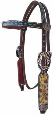Western Saddle Horse Engraved Leather Headstall w/ Hand Painted Sunflower Design