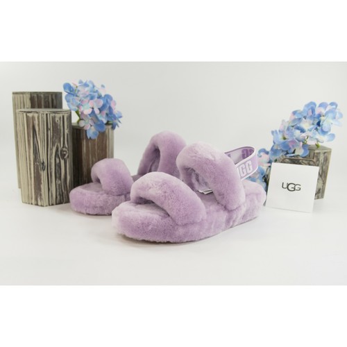 Sandali ciabatte UGG Fluff Oh Yea viola lilla pelliccia di pecora taglia 8 nuovi con scatola - Foto 2 di 7