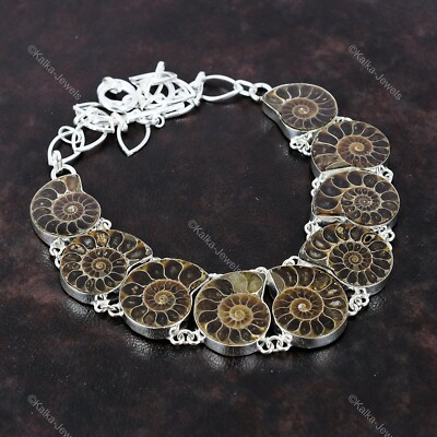 Natural Ammonite Fossil Gemstone Chain Brown Adjustable Necklace 925 Silver