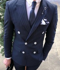 DESIGNER BUSINESS BLAU ZWEIREIHER NADELSTREIFEN HERRENANZUG TAILLIERT SLIM 44