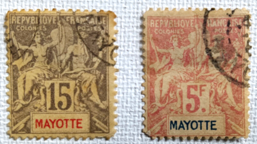 Mayotte Colonial Allegory Stamp Set  1899-1900, 5F and 15C - Picture 1 of 3