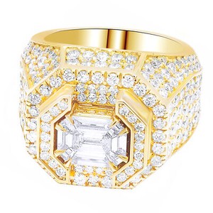 Authentic Men's Yellow Gold Plated Simulated 3D Asscher Cut Solitaire Statement Rg 7.5 CT