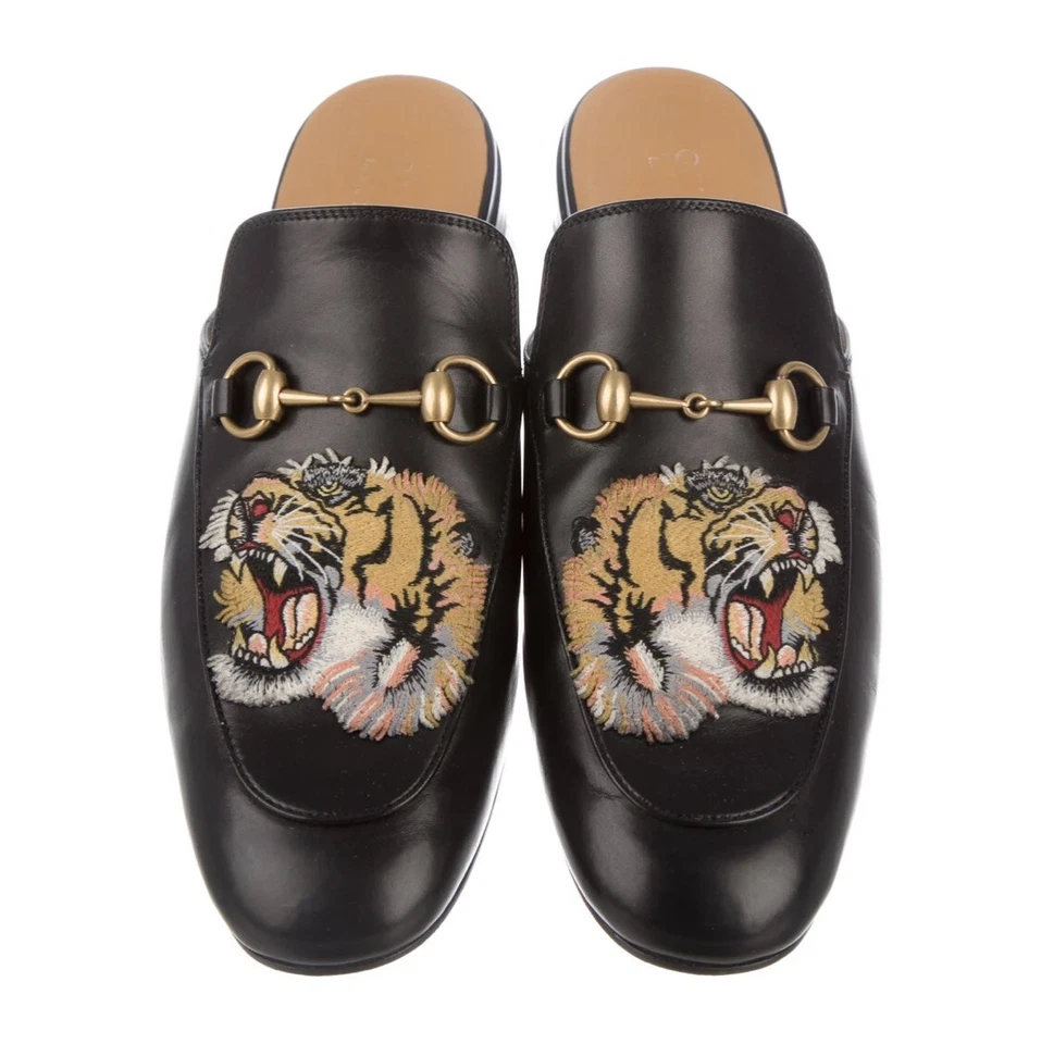 100% Auth Gucci Princetown Black Kings Tiger HorseBit Accent Slippers Size 7.5