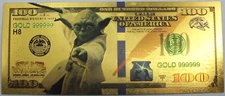 Yoda Jedi Star Wars $100 Novelty 24K Gold Plated Foil Note Bill GFN67