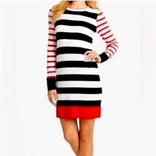 Eliza J Striped Sweater Dress Long Sleeves Black, White, Red Size Medium Preppy