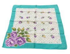 Vintage handkerchief turquoise border purple roses yellow tulips sunflowers