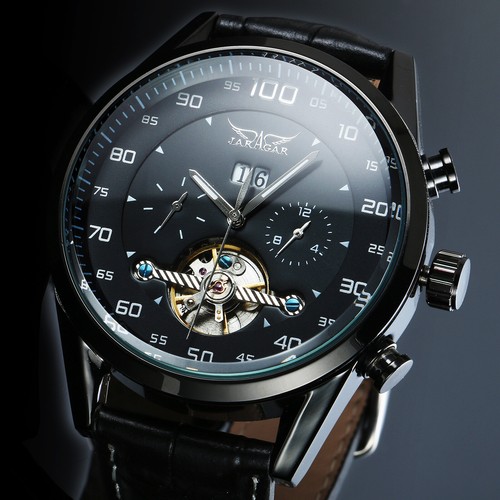 Reloj mecánico de cuero negro de cuerda automática Tourbillion pantalla analógica de fecha - Imagen 9 de 11