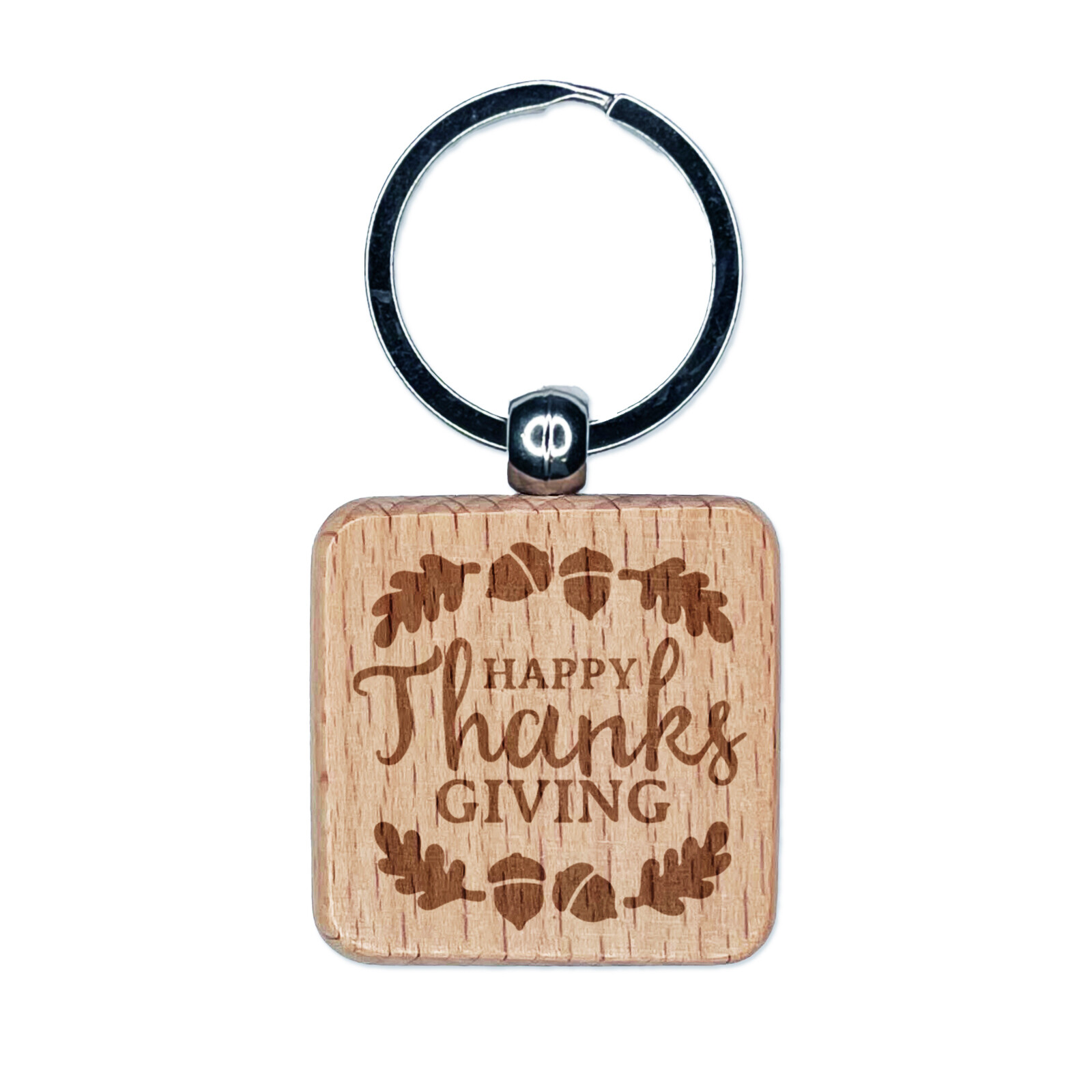 Happy Thanksgiving Oak Leaves Acorns Engraved Wood Square Keychain Tag Charm