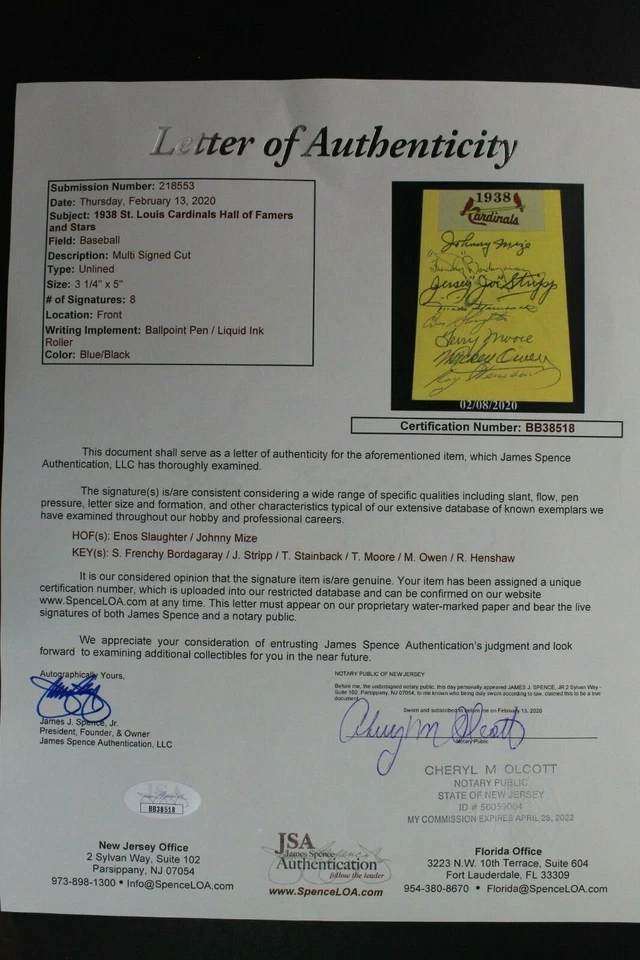 1938 St Louis Cardinals Autographs Multi Signed SLAUGHTER MIZE STRIPP OWEN JSA - Image 3 of 4