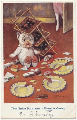 Bonzo Postkarte von GE Studdy - zerbrochene Platten bedeutende Frau kommt - 1925 - Kuchenständer
