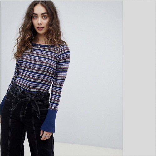 Free People Donna Tee Button Cuff Retro Top Navy Large L NWT New - Picture 1 of 4