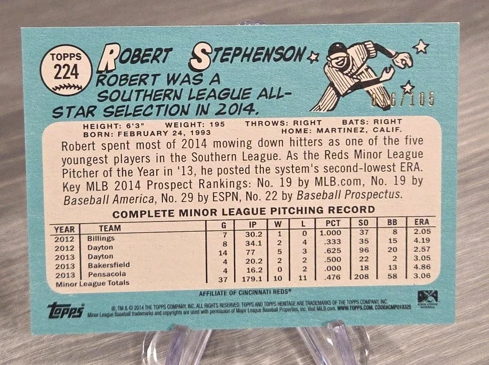 Robert Stephenson 2014 Topps Heritage Minor League Black /105 #224 Reds - Image 2 of 3