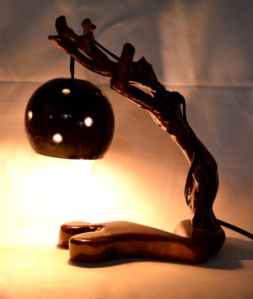 Table Lamp Hand Made Polished Natural Wood with Coconut Shell Shade - Image 2 of 4