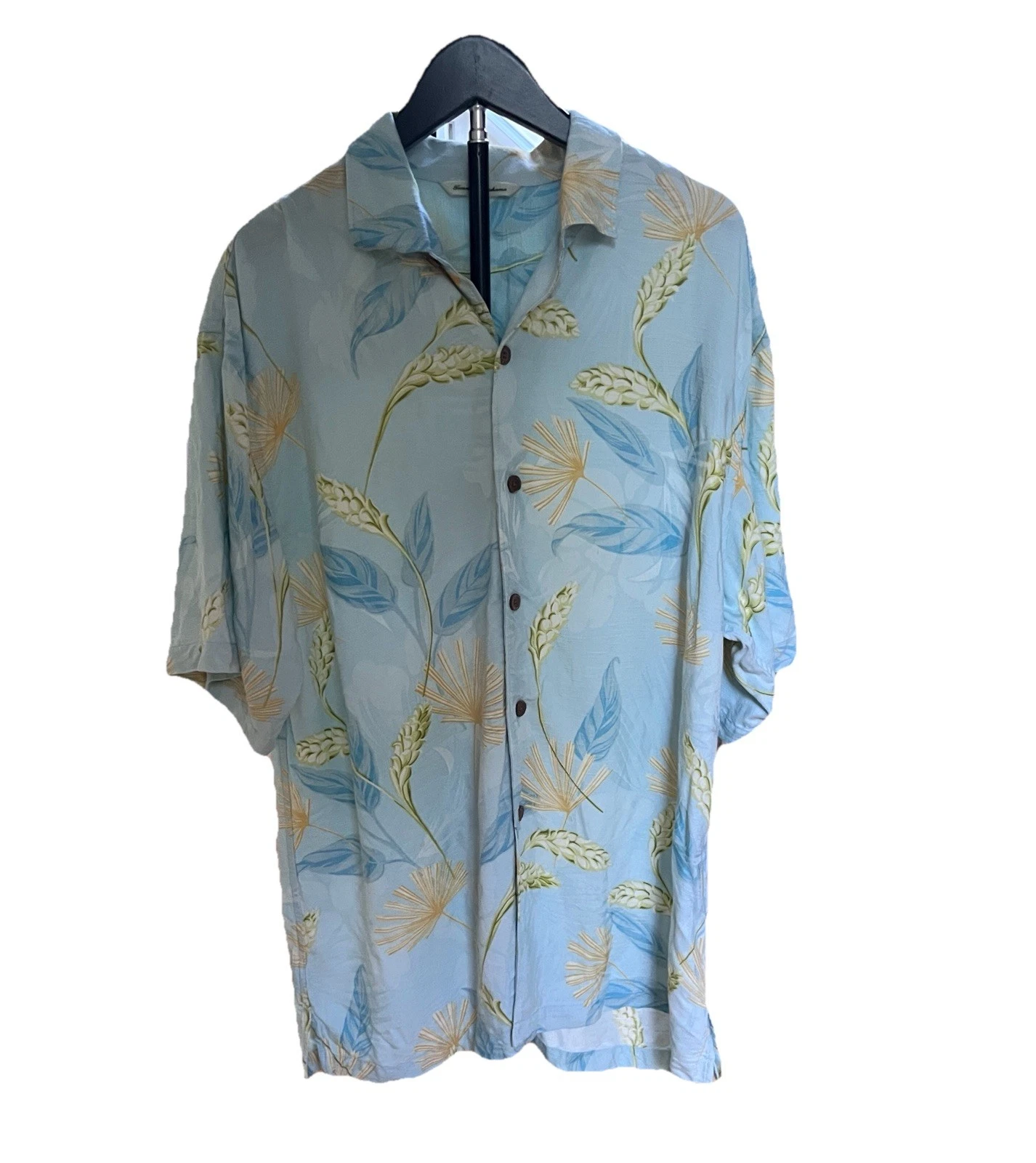 Tommy Bahama Mens Large Silk Blend Hawaiian Tropical Palm Floral Camp Shirt