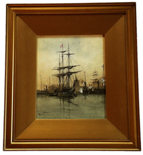 William Minshall Birchall Fine Antique Harbour Scene Ships Watercolour Painting