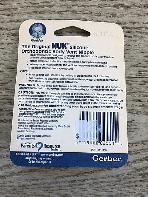 Nuevo paquete de 2 pezones de biberón Gerber Nuk 2004 vintage flujo lento para recién nacidos talla 1 Foto 2 de 2