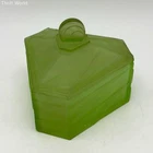 Uranium Glass Green Satin Art Deco Geometric Trinket Box Lidded 5 Inch Vintage