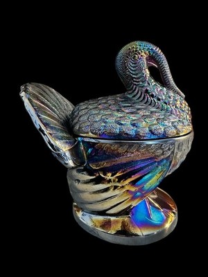 LE SMITH RARE PURPLE AMETHYST CARNIVAL GLASS TURKEY CANDY JAR W