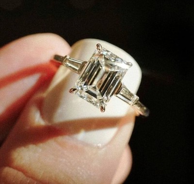 3.20 CTW Emerald Cut Moissanite Three Stone Wedding Ring 14K Yellow Gold Plated