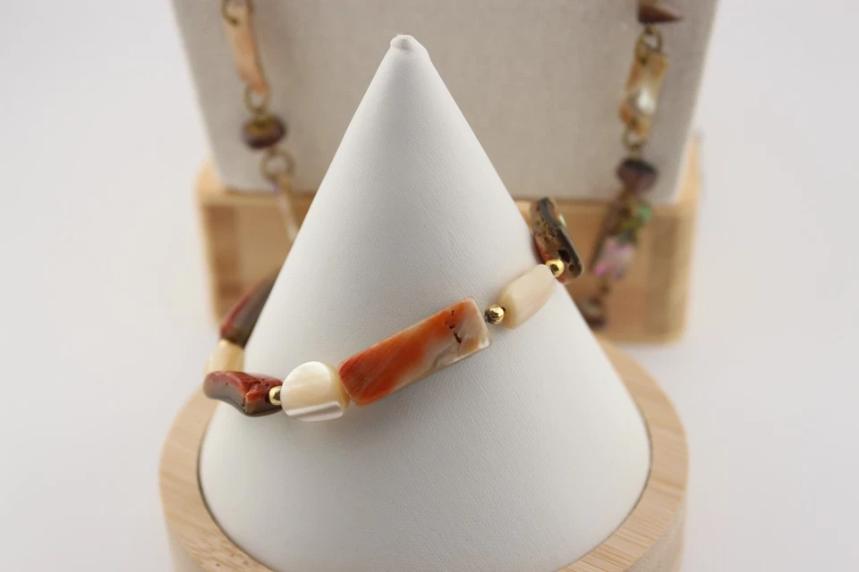 Old vintage taupe brown abalone shell necklace and matching bracelet 28 inch - Image 3 of 4