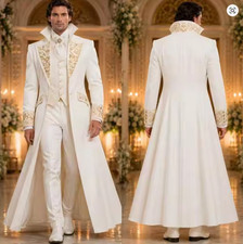 Man Tailcoat Suit Gold Embroidered 3  Piece Formal Wedding Party Tuxedo Prom Set