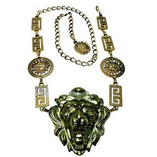 HUGE Lion Medusa Head Gold Tone Vintage Chain Belt Necklace Solid Metal Glam
