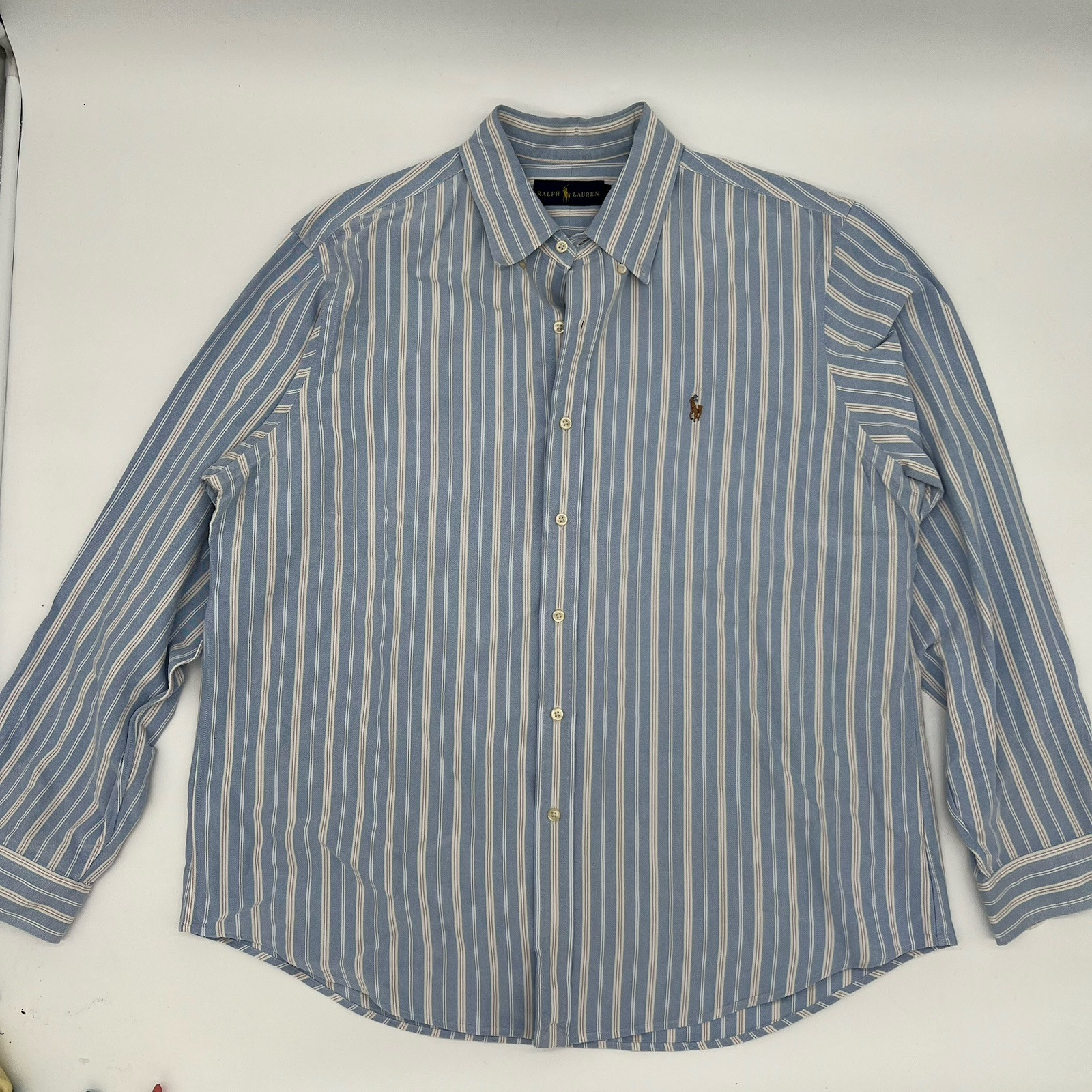 Ralph Lauren camicia uomo XL blu rosa a righe carne pony abbottonata