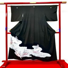 Japanese Kimono 'TOMESODE' Silk/Bird/Bamboo/flow/ Traditional/Length:157cm N1319