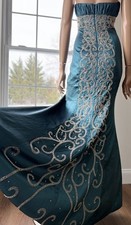 JOVANI Vtg Y2K Teal Blue Taffeta Mermaid Gown Strapless Crystal Back Beaded Sz 0
