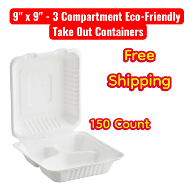 (150/Count) Eco Friendly 9'' x 9'' - 3 Compartment Bagasse Take Out Containers