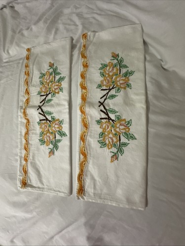 2 federe in lino bianco rose gialle ricamate a mano vintage bordo arancione tattato - Foto 6 di 14