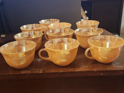 Lot of 10 Vintage Fire King Laurel Leaf Peach Lusterware Glass Tea Cup 2 1/2" 