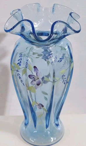 Fenton Bellflowers On Ice Blue 7565LH Vase Reverse Melon 8" 1999 Signed