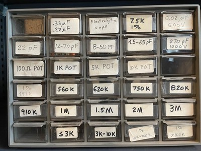 Huge Electronics Parts Lot Resistors Caps Semiconductors ICs Trimmers Cabinets