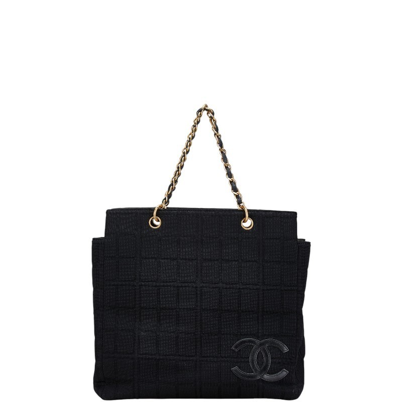 CHANEL Coco Mark Black Canvas Leather Tote Bag with Chain Strap
