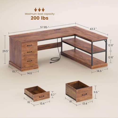 L Shaped Computer Desk, Farmhouse Corner Desk with 3 Drawers & Storage Shelves - Picture 2 of 41