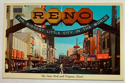 ca 1965 NV Postcard Reno Nevada Arch and Virginia Street vintage