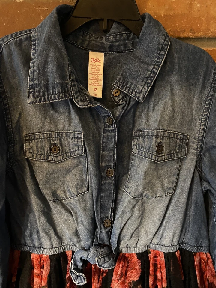 Justice kids gitls 牛仔蓬蓬裙连衣裙女孩花卉玫瑰黑色粉红色红色 12 码 — 第 4/4 张图片