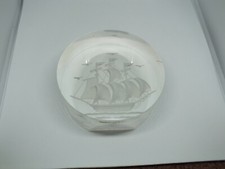 Beautiful Art Acryllic Paperweight Clear Sail Boat Seagulls 3 1/2 x 1 1/2" Thick