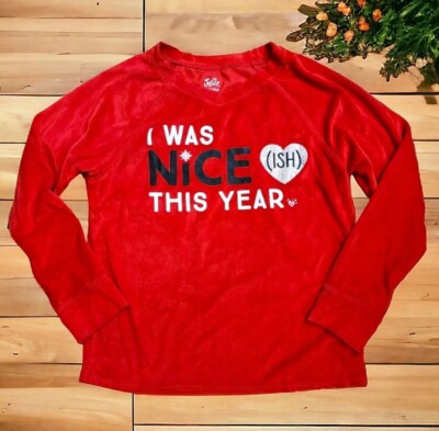 Justice Girls Christmas Pajama Top Red I Was Nice This Year V-neck Size 10 Cozy