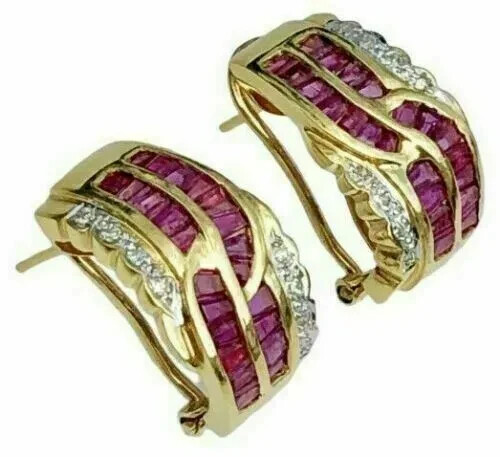 2Ct Baguette Cut Simulated Red Ruby Huggie Hoop Earring's 14K Yellow Gold Plated - Picture 3 of 6