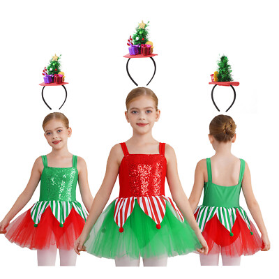 Mädchen Kleid Performance Kostüm Pailletten Dancewear Weihnachts Outfits Party 